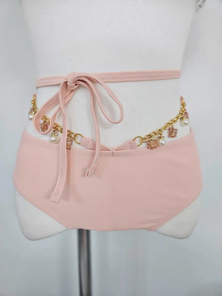 Pink fringe piece bikini with a three-piece skirt a vacation strap halterneck swimsuit
