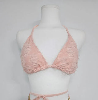 Pink fringe piece bikini with a three-piece skirt a vacation strap halterneck swimsuit