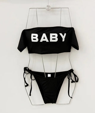 BABY Lettering Bikini Black Goalie Off-Shoulder Bikini String Bikini Pool Villa Resort Festival Swimsuit