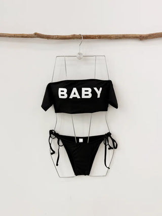 BABY Lettering Bikini Black Goalie Off-Shoulder Bikini String Bikini Pool Villa Resort Festival Swimsuit