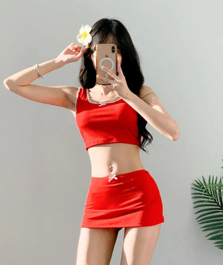 piece red bikini with ribbon ribbed ribbed skirt and nasi lace red resort swimsuit