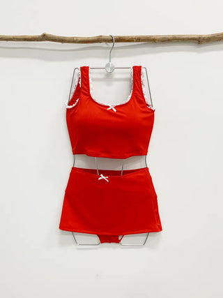 piece red bikini with ribbon ribbed ribbed skirt and nasi lace red resort swimsuit