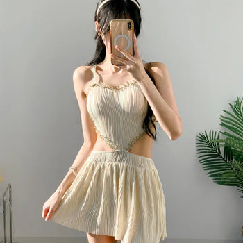 Heart Point Wave One-Piece Swimsuit Resort Look Vacation Look Pants Built-in Water Park Pool Villa Monokini
