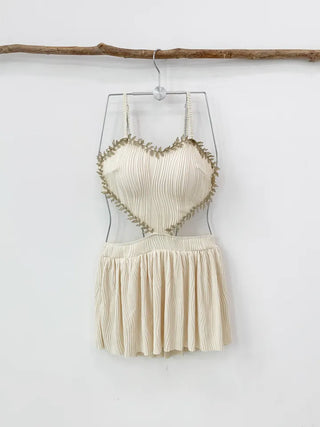 Heart Point Wave One-Piece Swimsuit Resort Look Vacation Look Pants Built-in Water Park Pool Villa Monokini
