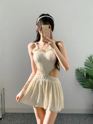 Heart Point Wave One-Piece Swimsuit Resort Look Vacation Look Pants Built-in Water Park Pool Villa Monokini
