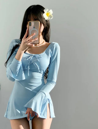 Sora Turibon One-Piece Swimsuit Ribbon Golji Lace Cute Sora Sky Blue Resort Swimsuit
