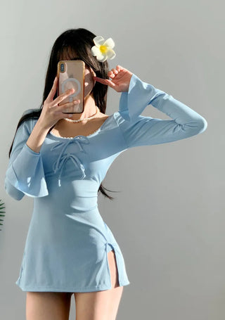 Sora Turibon One-Piece Swimsuit Ribbon Golji Lace Cute Sora Sky Blue Resort Swimsuit