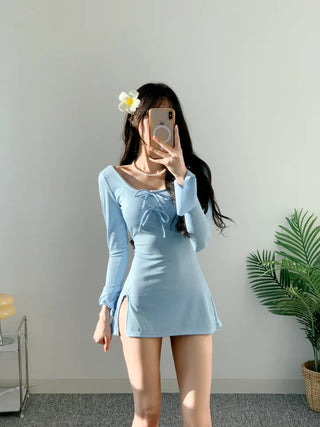 Sora Turibon One-Piece Swimsuit Ribbon Golji Lace Cute Sora Sky Blue Resort Swimsuit