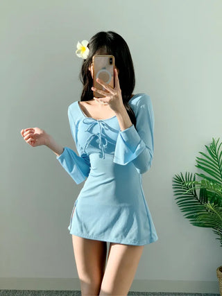 Sora Turibon One-Piece Swimsuit Ribbon Golji Lace Cute Sora Sky Blue Resort Swimsuit