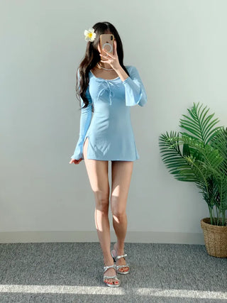 Sora Turibon One-Piece Swimsuit Ribbon Golji Lace Cute Sora Sky Blue Resort Swimsuit