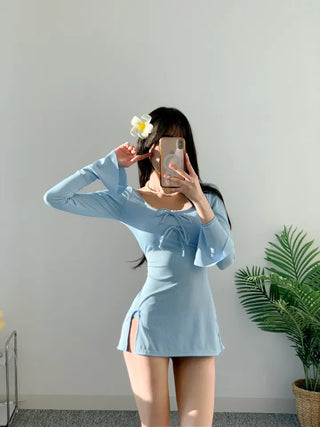 Sora Turibon One-Piece Swimsuit Ribbon Golji Lace Cute Sora Sky Blue Resort Swimsuit