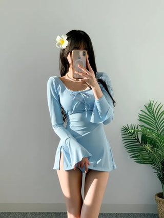 Sora Turibon One-Piece Swimsuit Ribbon Golji Lace Cute Sora Sky Blue Resort Swimsuit