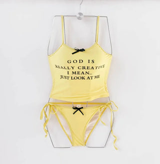 Yellow lettering top bikini ribbon cute swimsuit tank top tankini crop swimsuit