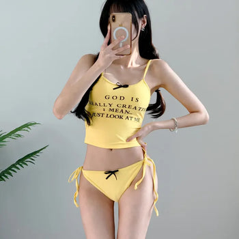 Yellow lettering top bikini ribbon cute swimsuit tank top tankini crop swimsuit