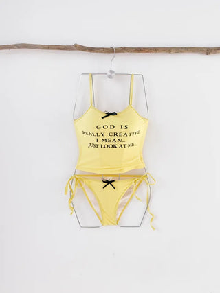 Yellow lettering top bikini ribbon cute swimsuit tank top tankini crop swimsuit