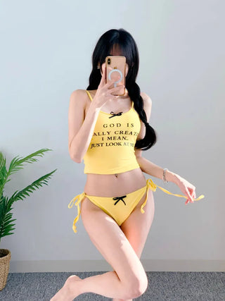 Yellow lettering top bikini ribbon cute swimsuit tank top tankini crop swimsuit