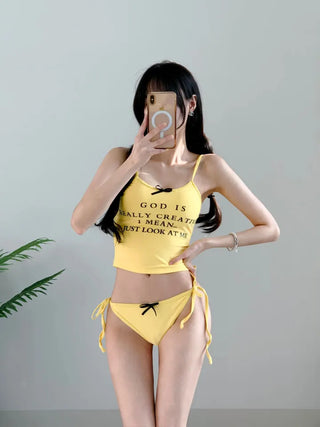 Yellow lettering top bikini ribbon cute swimsuit tank top tankini crop swimsuit