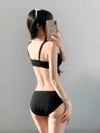 Black piece bikini with skirt and optional cap. piece swimsuit.