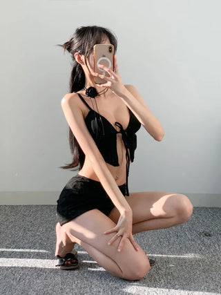 Black piece bikini with skirt and optional cap. piece swimsuit.