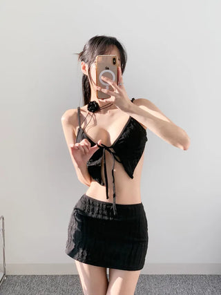 Black piece bikini with skirt and optional cap. piece swimsuit.