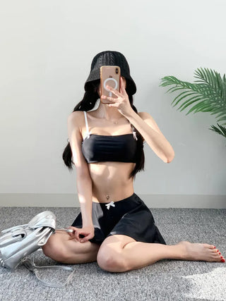 piece black top and nasi swimsuit with ribbon piece bikini skirt included