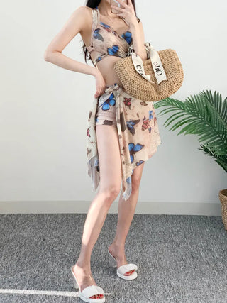 Blue Butterfly Bikini piece wrap skirt with pants and belly-covering wire swimsuit