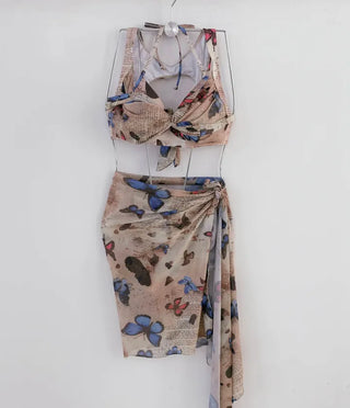 Blue Butterfly Bikini piece wrap skirt with pants and belly-covering wire swimsuit