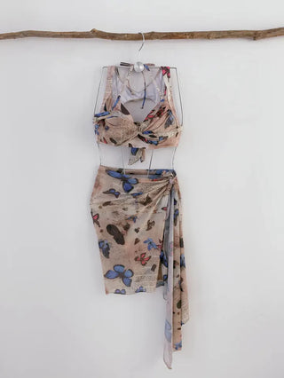 Blue Butterfly Bikini piece wrap skirt with pants and belly-covering wire swimsuit