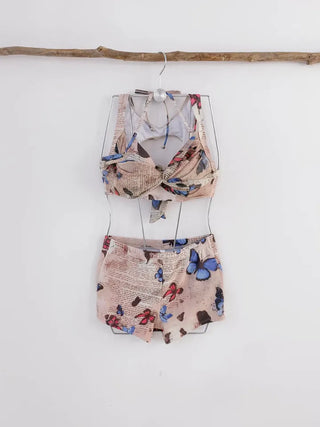 Blue Butterfly Bikini piece wrap skirt with pants and belly-covering wire swimsuit