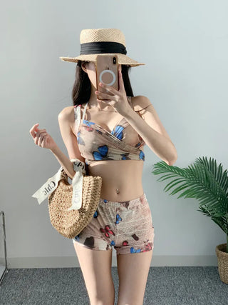 Blue Butterfly Bikini piece wrap skirt with pants and belly-covering wire swimsuit