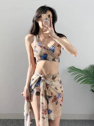 Blue Butterfly Bikini piece wrap skirt with pants and belly-covering wire swimsuit