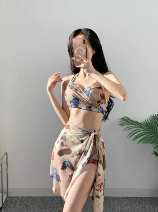 Blue Butterfly Bikini piece wrap skirt with pants and belly-covering wire swimsuit