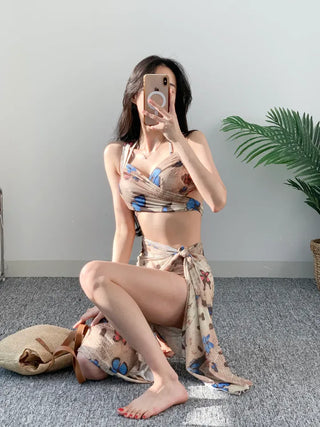 Blue Butterfly Bikini piece wrap skirt with pants and belly-covering wire swimsuit