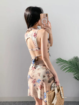 Blue Butterfly Bikini piece wrap skirt with pants and belly-covering wire swimsuit