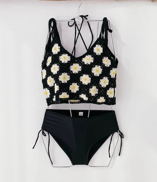Black Knit Set Bikini Cover-Up Three-Piece 3pcs Halter Neck Swimsuit