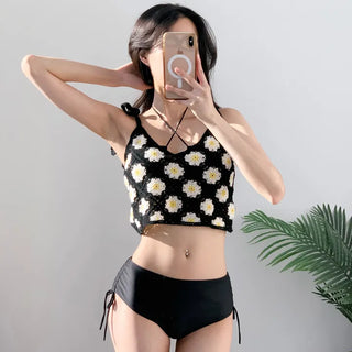 Black Knit Set Bikini Cover-Up Three-Piece 3pcs Halter Neck Swimsuit