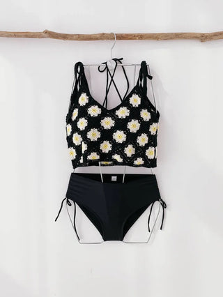 Black Knit Set Bikini Cover-Up Three-Piece 3pcs Halter Neck Swimsuit