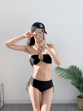 Black Knit Set Bikini Cover-Up Three-Piece 3pcs Halter Neck Swimsuit