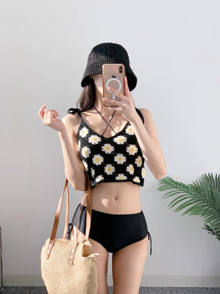 Black Knit Set Bikini Cover-Up Three-Piece 3pcs Halter Neck Swimsuit