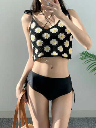 Black Knit Set Bikini Cover-Up Three-Piece 3pcs Halter Neck Swimsuit