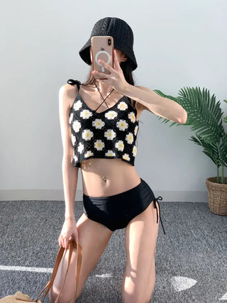 Black Knit Set Bikini Cover-Up Three-Piece 3pcs Halter Neck Swimsuit