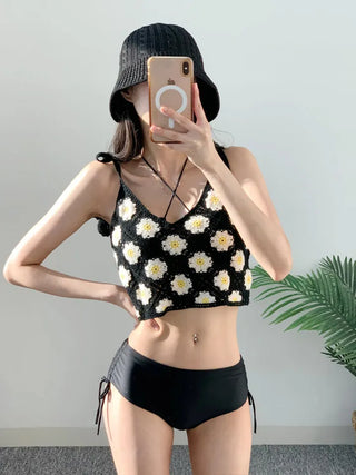 Black Knit Set Bikini Cover-Up Three-Piece 3pcs Halter Neck Swimsuit