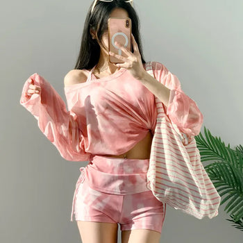Perfect belly fat cover-up pink tie-dye cover-up bikini piece 3pcs pants shirring body-covering swimsuit