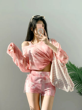 Perfect belly fat cover-up pink tie-dye cover-up bikini piece 3pcs pants shirring body-covering swimsuit