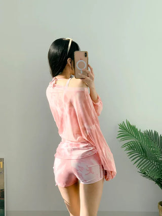 Perfect belly fat cover-up pink tie-dye cover-up bikini piece 3pcs pants shirring body-covering swimsuit