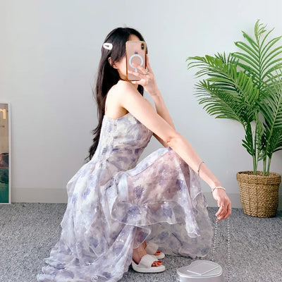 Cap-style resort long one-piece dress with twinkle glitter and adjustable straps for summer