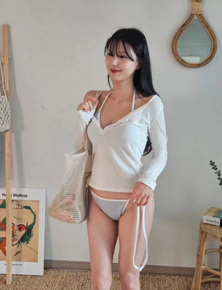 🤍✨Sexy striped bikini piece see-through button-up t-shirt cover-up body-covering swimsuit set