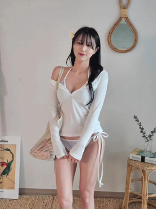 🤍✨Sexy striped bikini piece see-through button-up t-shirt cover-up body-covering swimsuit set
