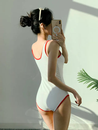 Lettering Point Bebe Monokini Line String Red Swimsuit