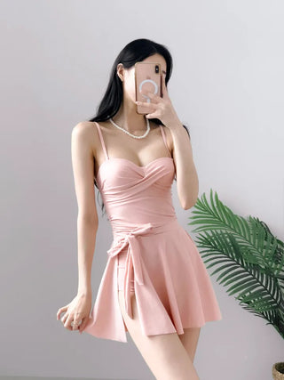 Monokini wrap skirt set  color belly-covering shirring resort vacation look